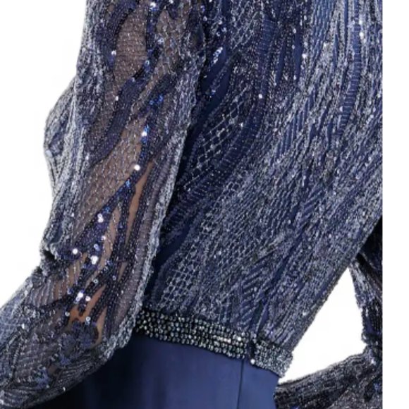 MAC DUGGAL V-NECK LONG SLEEVE SEQUIN EMPIRE WAIST MIDNIGHT NAVY GOWN sz 14 - Picture 4 of 6